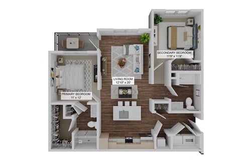 Floor plan for 2 beds, 2 baths, 1067 sqft